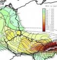 Spatio-temporal evolution of the dust plume in Central Europe on March 24, 2007. The map is based on time series of PM10 mass concentration at over 360 government monitoring stations in Slovakia, the Czech Republic, Austria, Poland and Germany. Labelled frontal lines indicate where the peak values of PM10 occurred simultaneously. The peak PM10 concentration is coded in color.