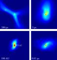 The computer simulation designed by Dr. Yoshida <i>et al.</i> demonstrates how gas and dust came together in the early universe to form the first stars after the Big Bang.