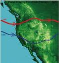 The late-winter/early-spring storm activity in the western US has shifted north since the late 1970s. This graphic shows how the peak winter storm tracks have shifted poleward since 1978. The blue line shows the storm track for February, March and April of 1978. The red line shows the track for the same months during the year 1997.