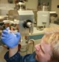 Professor James Day looking at a portion of the meteorite in the University of Maryland's isotope geochemistry lab. In the background is one of the mass spectrometers used to analyze the meteorite samples.