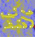 These images show how the simulated rocks ended up being spaced by the computer simulations. The image on the left is the starting position. The image on the right shows the final spacing of the rocks. The yellow streaks behind the rocks represents the sand piled up behind the rocks by the wind.