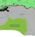 Just past the continental shelf in the Gulf of Mexico – the shelf is marked with the blue line – a fan of sediment has formed on the seafloor made up of silt and debris that settles out of Mississippi River waters flowing into the gulf. These alluvial, or submarine, fans are found wherever rivers run into the ocean. Crop residues sunk in such fans would become covered with silt, further ensuring that carbon would be locked away for long periods.