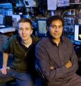 These are physics grad student Chris Moon (left), Physics Professor Hari Manoharan and physics grad student Laila Mattos worked on the subatomic writing project.