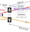 In this simplified representation of the experimental setup for a "quantum buffer," a cell containing rubidium gas is used to produce a pair of information-rich entangled images. One of the images goes through a second rubidium gas cell and slows down, which is potentially useful for feeding data at properly timed intervals to future quantum computers. The delay can be controlled such that, during the time it takes one image to travel a centimeter, the other image can travel up to 8 meters. The twisted loops illustrate the entanglement between the images.