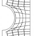 This is the predicted sintering deformation. The outer frame shows the shape of the cross-section before sintering; the inner mesh shows the shape of the cross-section after sintering. The distortion is caused by heterogeneous density in the green body.