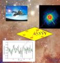 This is an artist impression of X-rays from a far-away source (top right) intercepted by an interstellar dust particle (yellow square), in which emittance and absorption of electrons between neighboring atoms causes a sinusoidal behavior in the observed X-ray spectrum. (lower left). The top right shows a drawing of the XMM satellite.