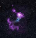 This image contains infrared, X-ray, and radio data.  It shows the environment into which the pulsar's nebula is expanding.