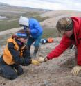 University of Colorado at Boulder Assistant Professor Jaelyn Eberle, left, searches for early mammal fossils in the high Arctic with Brendan Postnikoff of the University of Saskatchewan (blue parka) and Joe Kudlack, right, from Banks Island in the Northwest Territories.