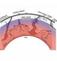 This schematic of Earth’s crust and mantle shows the results of a new study that found that extreme pressures would have concentrated iron’s heavier isotopes near the bottom of the mantle as it crystallized from an ocean of magma to its solid form 4.5 billion years ago.