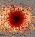 The interface between a sunspot's central and outer regions shows a complex structure.