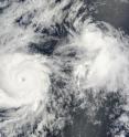 NASA's MODIS instrument on the Terra satellite captured Hurricane Felicia (left) and Tropical Storm Enrique (right) side-by-side on August 5 at 3 p.m. EDT.
