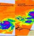 This is a time series of two AIRS images of Hurricane Bill on August 16 at 12:17 a.m. EDT (left) and August 17 at 1:50 a.m. EDT (right) showing the cold temperatures in his thunderstorms, indicative of heavy rainfall.