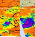 This is a time series of two AIRS images of Claudette on Aug. 16 at 3:29 a.m. EDT (left) and 2:29 p.m. EDT (right) showing the cold temperatures in her thunderstorms, indicative of heavy rainfall. Notice the storm's clouds about doubled in size over the 11 hour time.