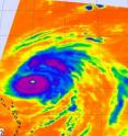 NASA's AIRS instrument on the Aqua satellite caught Bill's icy cold clouds on August 20 at 1:29 a.m. EDT as it was moving toward the Leeward Islands (left of the storm). Notice Bill's 30 mile wide eye is well-defined in the center of the storm. In this false-colored image, purple indicates Bill's high thunderstorm cloud temperatures are colder than minus 63F and blue is minus 27F or colder.