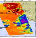 AIRS infrared image from Aug. 31 a 4:59 p.m. EDT shows the icy clouds of powerful Hurricane Jimena about to impact Baja California (bottom right), a fading Tropical Depression Kevin (left at sea), and a trail of pyrocumulus clouds stretching from Los Angeles to New Mexico from the California fires.