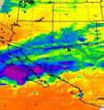 The Aqua satellite flew over Olaf on Oct. 3 at 5:05 a.m. EDT captured infrared imagery of his clouds streaming into northwestern Mexico. The images showed some high, cold, thunderstorm cloud tops (purple) as cold as -63F near Olaf's center indicating some moderate rainfall.