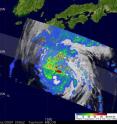 TRMM captured another image of Melor at 20:06 UTC Oct. 6 moving north-northeast towards southern Japan. TRMM revealed Melor lost its symmetrical structure with most of the rain (blue, green and red areas, indicating light, moderate and heavy rain, respectively) now to the north of the center (white area surrounded by blue near the bottom). The area of light to moderate rain (blue and green areas, respectively) across the top of the image is associated with a stationary front draped across southern Japan.