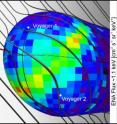 This graphic llustrates one of the possibilities for the bright ribbon of emission seen in the IBEX ENA maps. The galactic magnetic field shapes the heliosphere as it drapes over it. The ribbon appears to trace the area where the magnetic field is most parallel to the surface of the heliosphere (the heliopause).