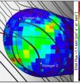 Image from one of the IBEX papers published in the Oct. 16, 2009, issue of <i>Science</i> showing a map of the ribbon of energetic neutral atoms (in green and yellow) on the heliopause and the ribbon’s relationship to the interstellar magnetic field. The heliopause is where the solar wind interacts with interstellar protons, neutral hydrogen and many other elements found in interstellar clouds. Also shown are the positions of the Voyager 1 and 2 spacecraft.