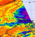 The western side of Typhoon Lupit is visible in this satellite image from NASA Aqua's AIRS instrument. Aqua's track took it to the west of the storm on Oct. 22 at 5:41 UTC (1:41 p.m. Asia/Manila Time). Lupit's high thunderstorm cloud temperatures (in purple) were still strong and colder than minus 63F.