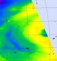 This NASA AIRS microwave image of Mirinae from Oct. 27 shows the development of an eye (purple area resembling a half moon). Cold areas (yellow-green) indicate precipitation or ice in the cloud tops. The purple area has the coldest cloud temperatures (as cold as -63F), and suggest cloud tops are near the tropopause.