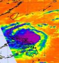 This infrared image from NASA's AIRS instrument on the Aqua Satellite shows the extent of Mirinae's high clouds (purple and blue) on Oct. 30 are colder than -63F.  Notice the clouds were already over the northern and central areas of Luzon, the Philippines.