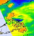 This microwave image of Mirinae on Oct. 30 shows its center just east of making a landfall.  Cold areas (yellow-green) indicate precipitation or ice in the cloud tops. The purple area (around the eye) has the coldest cloud temperatures.