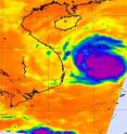 NASA's Aqua satellite AIRS instrument captured Tropical Storm Mirinae Nov. 1 while it was tracking toward Vietnam for a final landfall. The infrared imagery still showed some high thunderstorms (purple), despite a weakening storm. Look closely to see the eye.