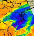 NASA AIRS (Atmospheric Infrared Sounder) imagery on Nov. 11 at 1:30 p.m. ET shows the cold clouds raining over eastern Virginia, North Carolina, Maryland and Delaware. Cloud tops were as cold as -27F (in blue), not as cold and high as seen in powerful hurricanes, but still with the ability to create moderate rainfall.  
AIRS is an instrument that flies aboard NASA's Aqua satellite.