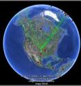 The green lines on this interactive map represent how pandemic influenza (H1N1) has moved from points in the United States to geographic locations across the globe. Screenshot taken using Google Earth.