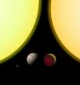 This figure shows the size comparison (from left) between the sun, the Earth, Jupiter, GJ 758 B and GJ 758. The planet-like object's temperature of 600 degrees Fahrenheit makes it glow cherry-red.