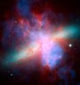 M82, or the Cigar Galaxy, is a starburst galaxy about 12 million light-years away from Earth. In the galaxy's center, stars are being born 10 times faster than they are inside the entire Milky Way galaxy. The high stellar birth and death rate made M82 a good test case for the theory that cosmic rays are generated in supernovae explosions. In this false-color image, X-ray data recorded by the Chandra X-ray observatory is blue; infrared light recorded by the Spitzer infrared telescope is red; Hubble space telescope observations of hydrogen line emission is orange, and the bluest visible light is yellow-green.