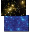 A spectacular example of strong gravitational lensing is the nearby galaxy cluster Abell 2218 (top), in which the visible distortion of individual background galaxies can be used to measure the mass of the lensing structure. The weak lensing of fainter and more distant structures must be detected by statistical averaging (bottom).