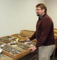 Purdue Earth and Atmospheric Sciences Professor Matthew Huber at the Geological and Nuclear Sciences Core Repository in New Zealand. He is sampling the historical record contained in cores of ocean sediment to better understand the ocean currents of the southern ocean during the Eocene, which helps inform his computer modeling of the ancient climate.