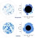 Interior density structures created by an outer solar system late heavy bombardment onto Ganymede (top row) and Callisto (bottom row). The left column shows the density at the surface as a function of latitude and longitude, and the right column shows a slice through the center of the globe. Colors show the density, with black representing pure rock, blue representing mixed ice and rock, and white showing pure ice.