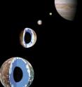 Jupiter (right) and the Galilean satellites (right to left) Io, Europa, Ganymede, and Callisto. Cutaways show the interior states of Ganymede and Callisto after many impacts by icy planetesimals during the late heavy bombardment. Colors represent density, with black showing the rocky core (with a density 3 g/cm^3), blue showing mixed ice and rock (densities 1.8 to 1.9 g/cm^3) and white showing rock-free ice.