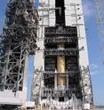 Two solid rocket boosters were installed on Jan. 15, 2010, on the Delta IV Launch Vehicle that will carry GOES-P into space.