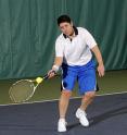 Patients need to get out of the house to gain the benefit from knee replacement surgery and avoid weight gain, according to a University of Delaware study. Paul Baumbach, a patient at UD's Physical Therapy Clinic, plays tennis as part of his exercise program for his new right knee.