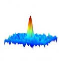 One of the first-ever images of a molecular gas in which each molecule is in its lowest possible energy state. The gas has just been released from a trap created by lasers. The molecules are near absolute zero, a temperature at which quantum properties reign. The image -- made by
detecting the absorption of laser light by the molecules -- reveals their spatial distribution, with density indicated by peak height and false color. The fact that such an image can be created indicates the molecular quantum gas is dense enough to enable scientists to observe novel interactions among the molecules.