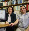 Georgia Tech researchers Markus Kindermann, Mei-Yin Chou and Salvador Barraza-Lopez (left to right) pose with graphics from their calculation of metal contacts on graphene.