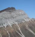 In this photo from Canada's Yukon Territory, an iron-rich layer of 716.5-million-year-old glacial deposits (maroon in color) is seen atop an older carbonate reef (gray in color) that formed in the tropics.