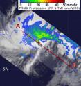 The Tropical Rainfall Measuring Mission or TRMM satellite captured a microwave image of Tropical Storm 02W earlier today, March 23,  and it showed that there is deep convection (red) wrapping around the storm's center from the southeast to the southwest.