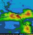 TRMM's rainfall estimates for the one-week period March 15-22, 2010, for the central east coast of Queensland, Australia, show that Ului dumped upwards of 180 mm (~7", shown in orange) of rain along its path.