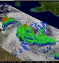 This 3-D perspective of Paul at 9:08 UTC on March 28 was created from TRMM's Precipitation Radar. The most prominent feature is a deep convective tower (shown in red), which penetrates up to 9 miles (15 km) high. This corresponds with an area of intense rain in the northwestern eyewall.