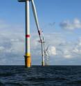 Researchers analyzed hypothetical power output from five-megawatt offshore turbines similar to the one shown here off the coast of Belgium.