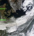 NASA's Terra satellite flew over the volcano on April 16 10:45 UTC (6:45 a.m. EDT) and the MODIS instrument captured a visible image of Eyjafjallajökull's ash plume (brown cloud) stretching from the UK (left) to Germany (right).
