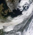 NASA's Terra satellite flew over the volcano on April 16 10:45 UTC (6:45 a.m. EDT) and the MODIS instrument captured a visible image of Eyjafjallajökull's ash plume (brown cloud) stretching from the UK (left) to Germany (right).