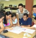 Eight University of Panama students participated in a pre-census workshop.  Shown plotting the locations of howler groups on a map of BCI after the census are: David Natera, Karis Tunon, Darlene Mitre, Claudio Monteza, Luis Yepes, Orlando Ortiz Castillo, Anita Arcia Mendoza. (Jose Alejandro Ramirez Silva, not pictured, also participated.)