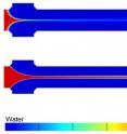 Computer simulations showing the mixing of water and isopropyl alcohol in a COMMAND microfluidic device. The alcohol, which would contain dissolved phospolipids in operation, flows from the left to the right via the center inlet and is focused by water flowing in from the top and bottom inlets. Adjusting flow rates gives a tightly focused stream (top) or a broader one (bottom), controlling liposome size.