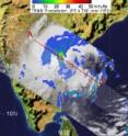 TRMM captured the image of Laila's rainfall (left) on May 20 at 0714 UTC (3:14 a.m. EDT) after it made landfall in India. The red area in the center of the storm shows heavy rainfall of over 50 millimeters (approximately 2 inches) per hour. The yellow and green areas indicate moderate rainfall between .78 to 1.57 inches per hour. The image on the right shows the "hot tower" that reaches as high as 15 kilometers.